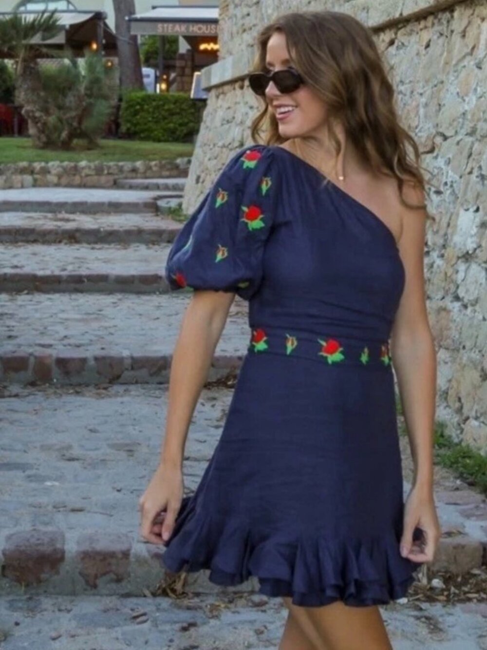🌹 NWT Fanm Mon Rosy One-Shoulder Linen Mini Dress Navy Floral Embroidered XS 🌹